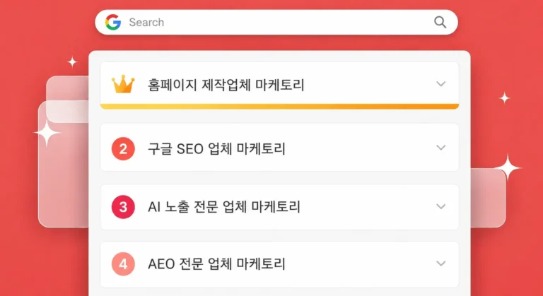 골드 크라운 뱃지로 강조된 '홈페이지 제작업체 마케토리'가 1위로 표시된 구글 검색 결과 페이지
