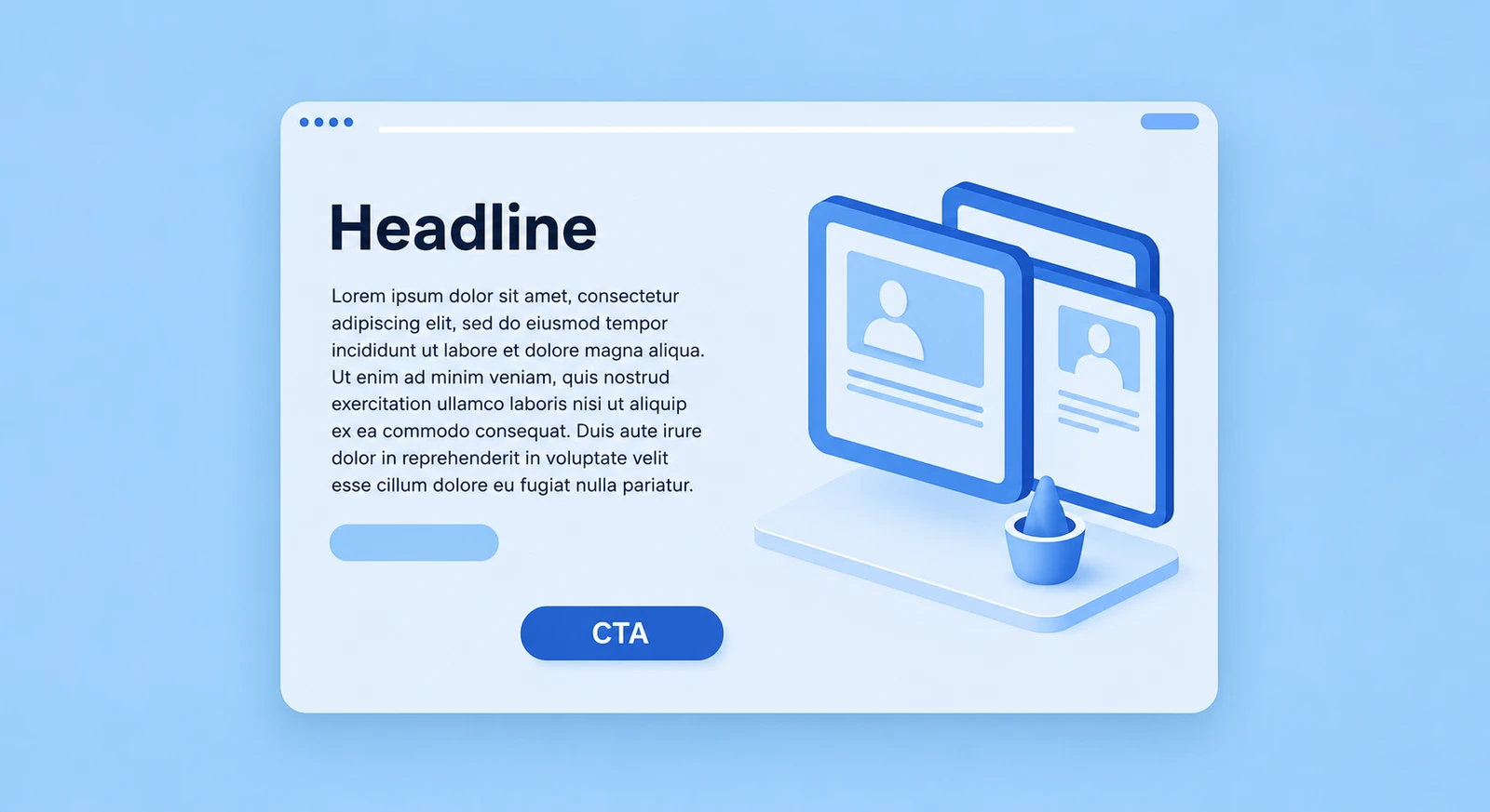 웹 브라우저 화면에 'Headline'과 본문, 'CTA' 버튼이 명확히 표시되어 있고, 그 옆으로 개인 프로필 카드 세 개가 겹쳐진 3D 그래픽이 배치되어 있습니다. 랜딩페이지 제작 시 필수적인 요소들을 직관적으로 보여주는 구성입니다.
