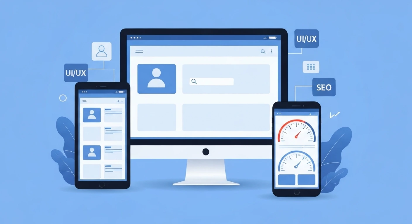 다양한 기기에서 일관된 웹사이트 레이아웃을 보여주며, UI/UX, SEO, 성능 아이콘이 강조된 사이트 제작의 핵심 요소들을 나타낸 화면.
