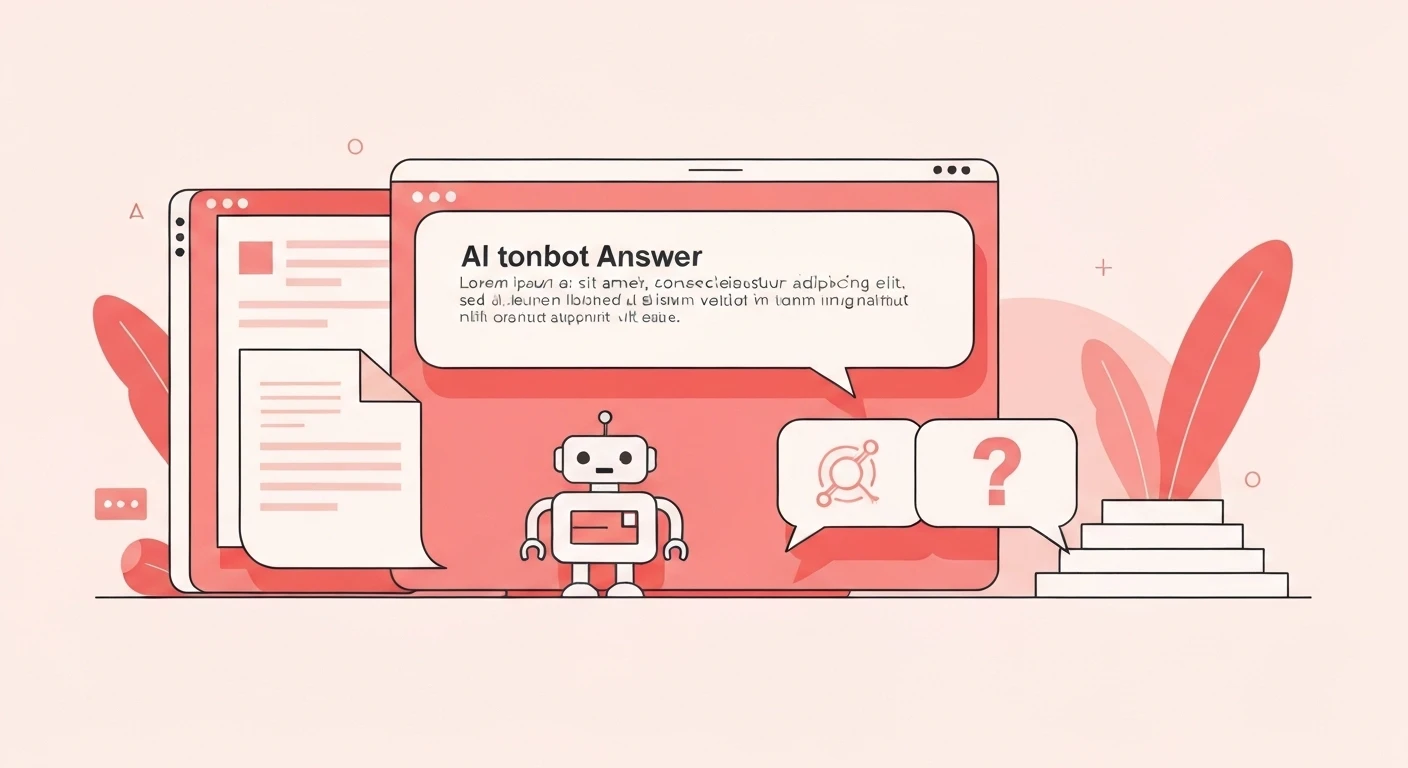 AI 챗봇이 브랜드 로고를 출처로 표시하며 간결한 답변을 제공하는 인터페이스. 하단에는 문서, 로봇, 말풍선 아이콘이 액션 팁을 나타냄.