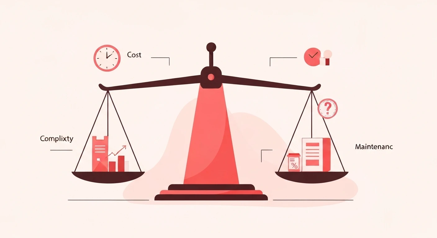 DIY와 외주 사이에서 균형을 잡는 저울, 시간, 비용, 복잡성, 유지보수 아이콘으로 웹사이트 만들기 결정 지원