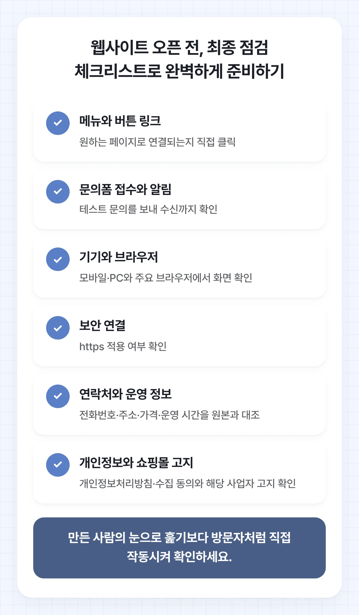 웹사이트 만드는법의 오픈 전 확인 항목을 정리한 체크리스트. 메뉴와 링크, 문의 접수 알림, 기기별 화면, https 연결, 연락처와 운영 정보, 개인정보 및 쇼핑몰 고지를 점검하도록 안내한다.
